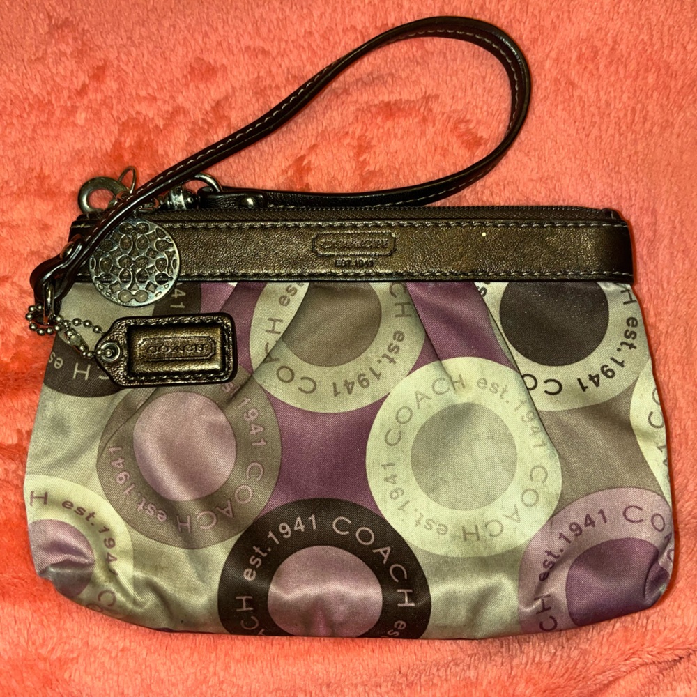 Coach Purple and Rust Brown Circle Pattern Wristlet